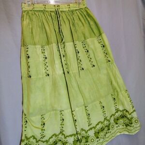 Kaaku Lime Green Floral Tiered Cotton Maxi Skirt Boho Festival Cottage Core